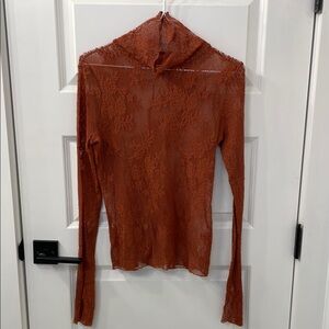 Free People Elegant Lace Long Sleeve Top in Rust with mock neck and thumb holes